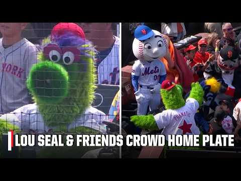 Phillie Phanatic, Mr. Met & other mascots crowd home plate at the top of Mets-Giants 😂 | MLB on ESPN