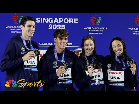 Team USA receives gold during medal ceremony for mixed 100m freestyle relay at worlds | NBC Sports