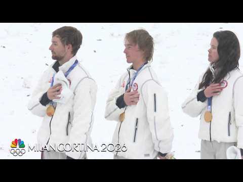 Mixed aerials team takes in U.S. national anthem after gold win | Winter Olympics 2026 | NBC Sports